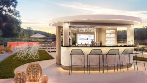 Offene Bar auf dem Sonnendeck der A-ROSA SENA mit stilvollem Design, Lounge-Atmosphäre und Blick auf die vorbeiziehende Flusslandschaft.